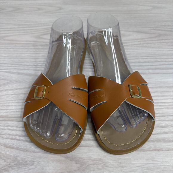 Salt Water Sandals WMNS 9 Hoyway Classic Slides Tan Leather Slip On Flat Buckle - Picture 3 of 11